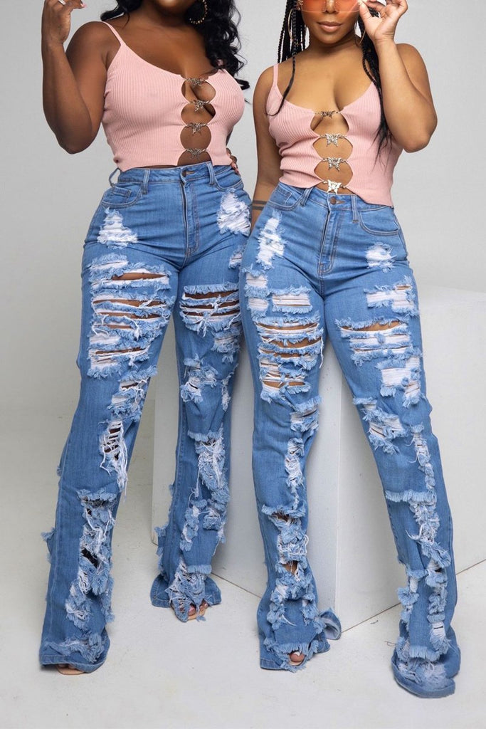 Denim Hole Distressed Slash Jeans-BETTERSHOES