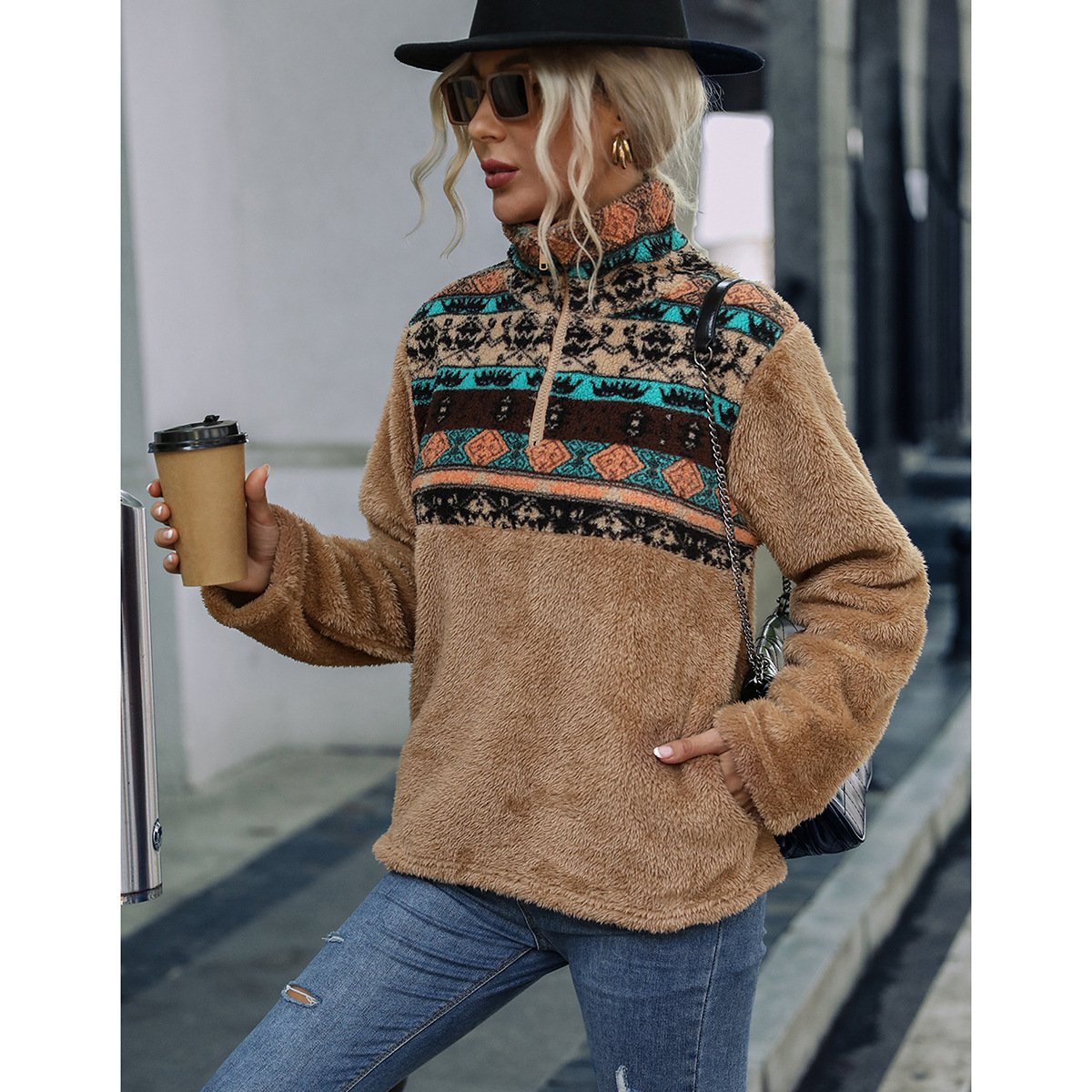 Geometric Print Long Sleeve Plush Sweatshirt-BETTERSHOES