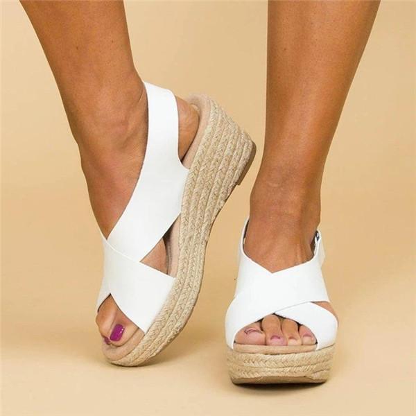 Women Peep Toe Magic Tape Wedges Crossed Sandals-BETTERSHOES