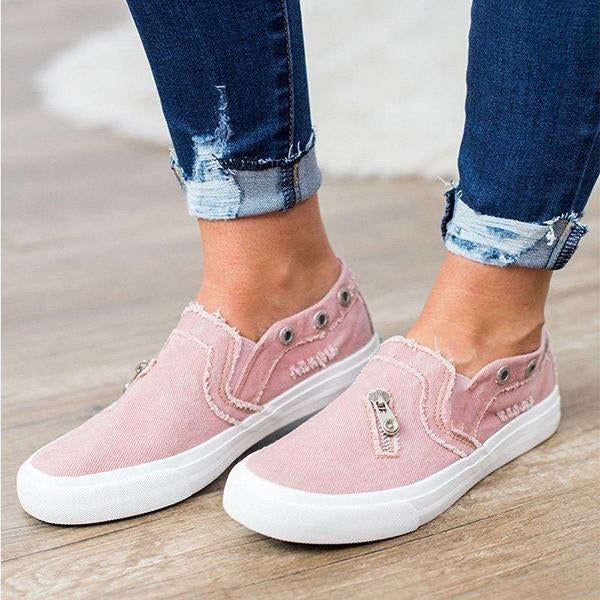 Casual Solid Color Zipper Decoration Canvas Loafers-BETTERSHOES