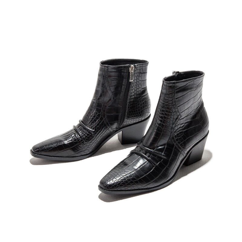 Square-Toe High-Heel Stone Pattern PU Leather Ankle Boots Side Zipper Western Boots-BETTERSHOES