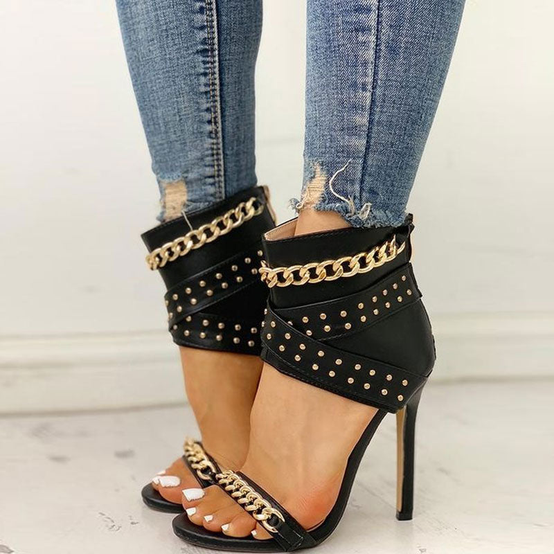 Chic Studs Trim Chain Strap High Heeled Cut Out Sandals - Black-BETTERSHOES