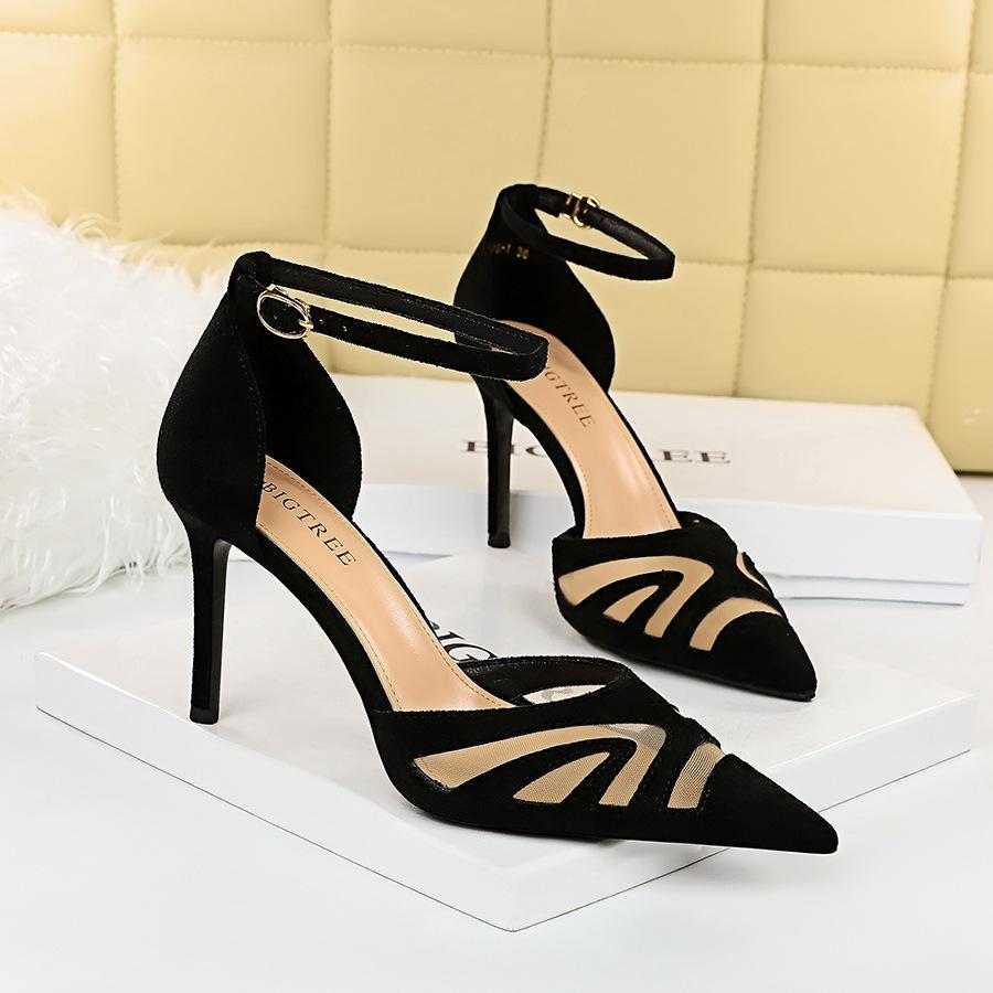 Mesh Panel Point Toe Heeled Ankle Strap Pumps-BETTERSHOES