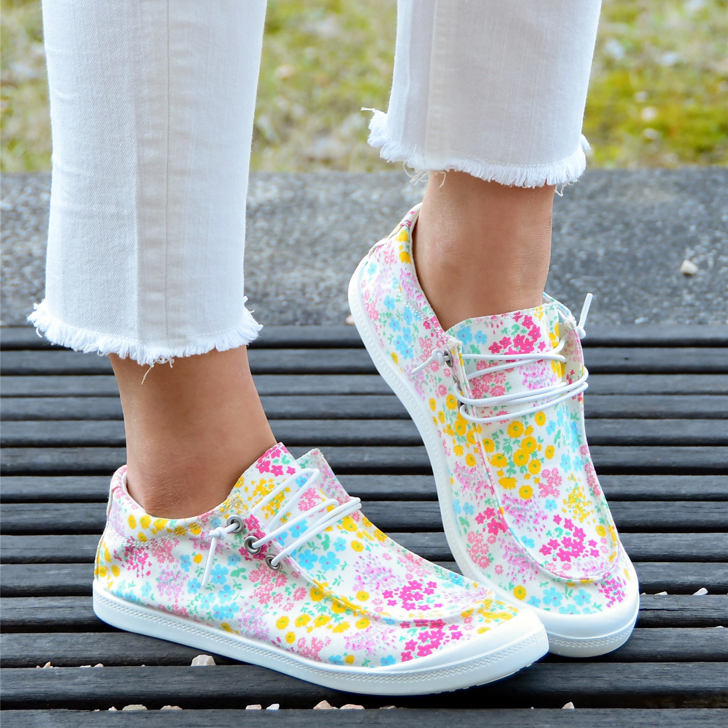 Colorful Flowers Floral Print Slip-On Canvas Shoes Flat Sneakers-BETTERSHOES