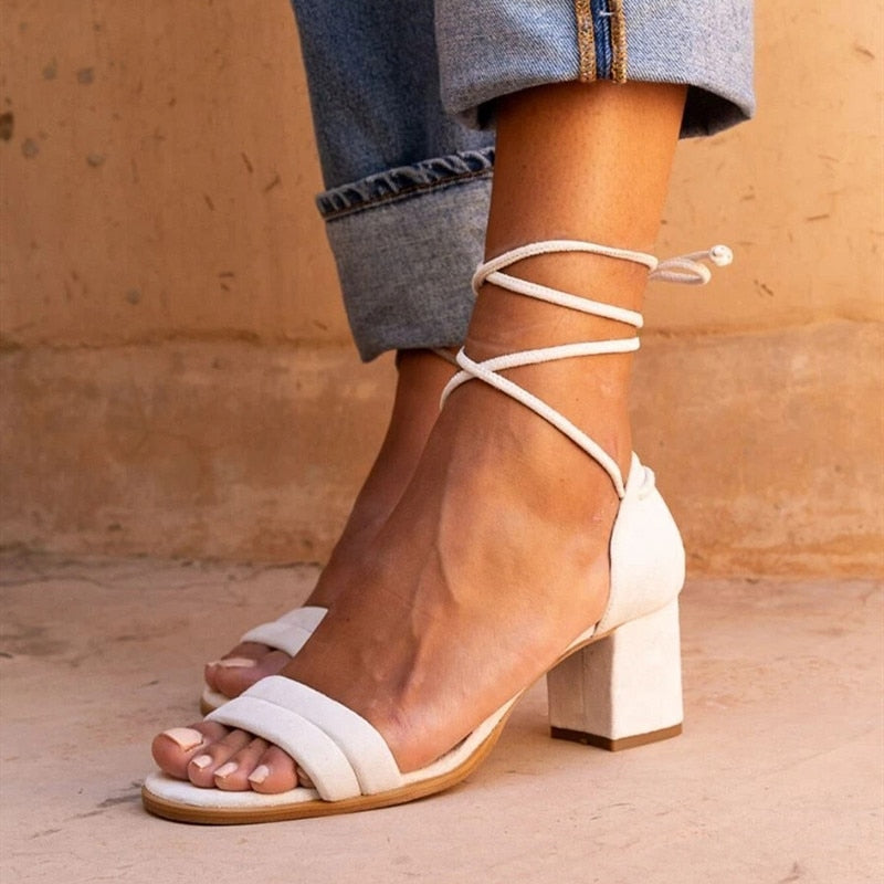 Square Heel Lace Up Strap Sandals-BETTERSHOES