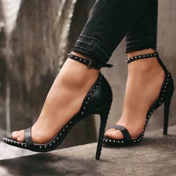 Women Black Round Toe Rivet Stiletto Buckle Strappy Fashion High Heels-BETTERSHOES