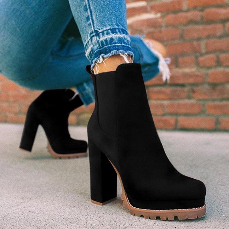 Women Elastic Panel Slip On Booties Chunky High Heel Ankle Booties-BETTERSHOES