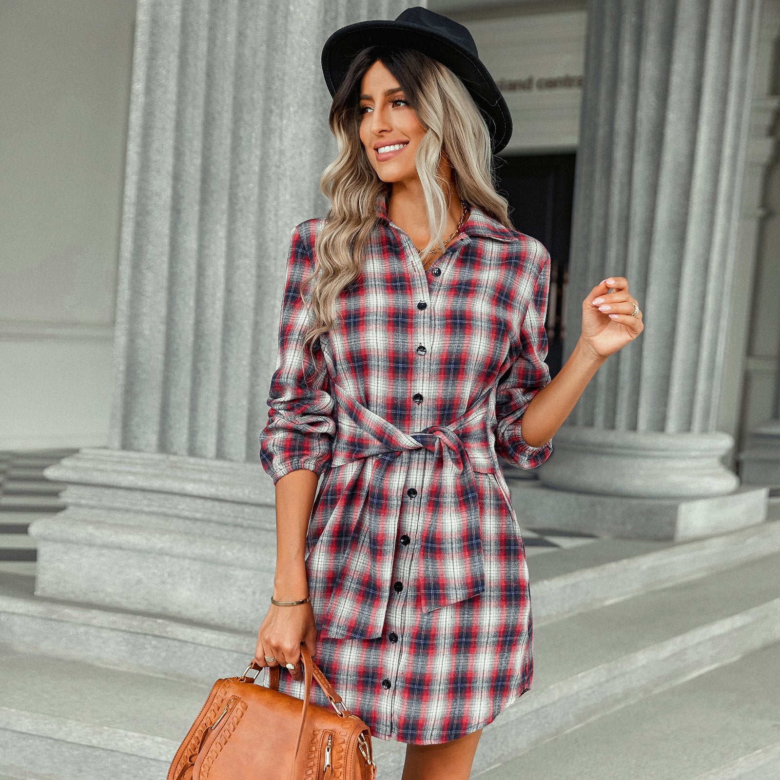 Single-breasted Plaid Lace-up Dress-BETTERSHOES