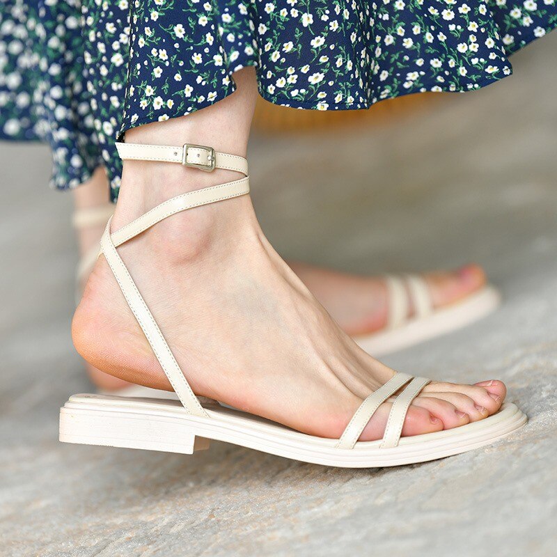 Peep Toe Buckle Flats Sandals-BETTERSHOES