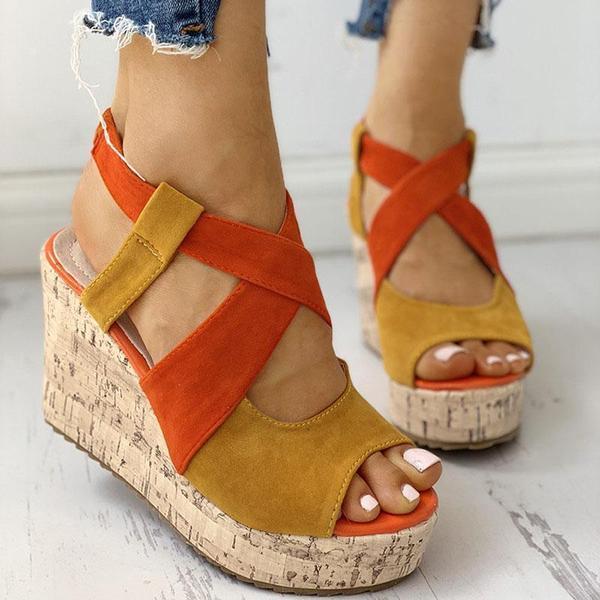 Women Peep Toe Color Block Platform Wedge Sandals-BETTERSHOES