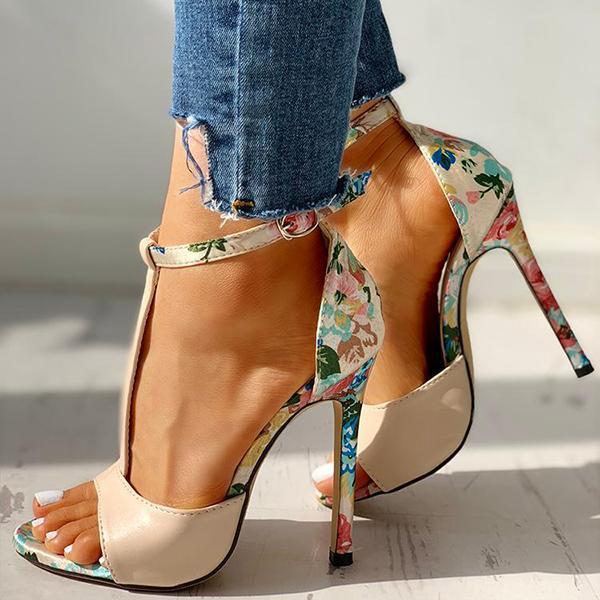Women Floral Splicing Ankle Strap Heels Sandals-BETTERSHOES