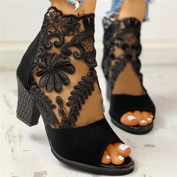 Women Lace Mesh Insert Chunky Heeled Sandals-BETTERSHOES