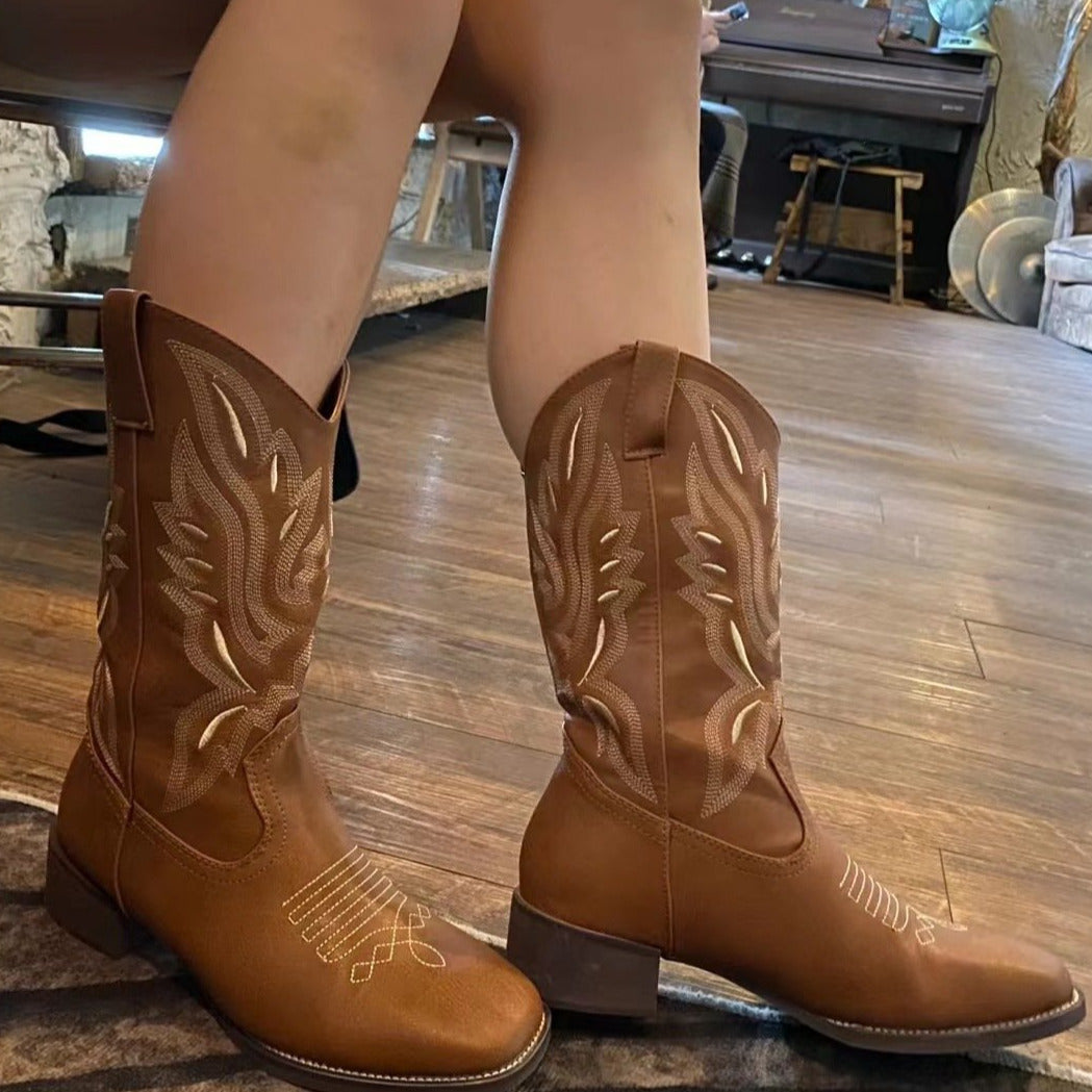 Retro Square Toe Western Cowboy Boots-BETTERSHOES