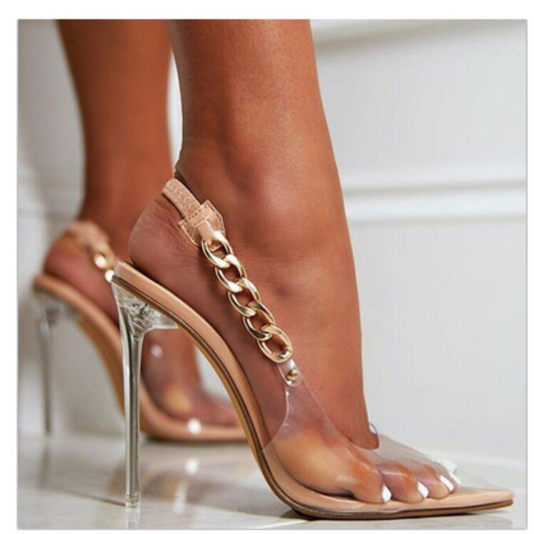Transparent Pointed Toe Chain Heel Shoes-BETTERSHOES