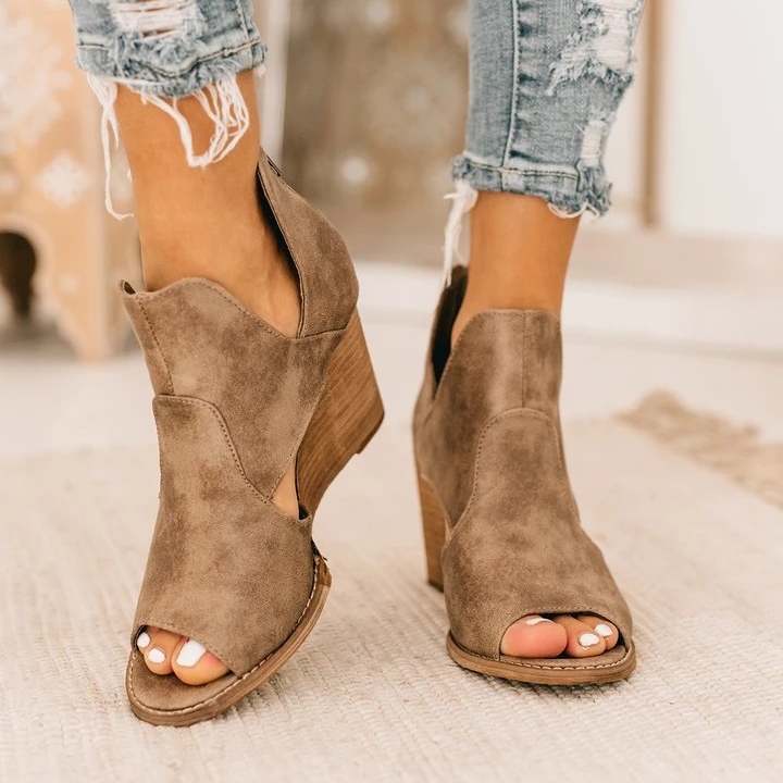 Side V cutout Wedge Open Toe Suede Ankle Booties, Solid Color Slip on Sandals-BETTERSHOES