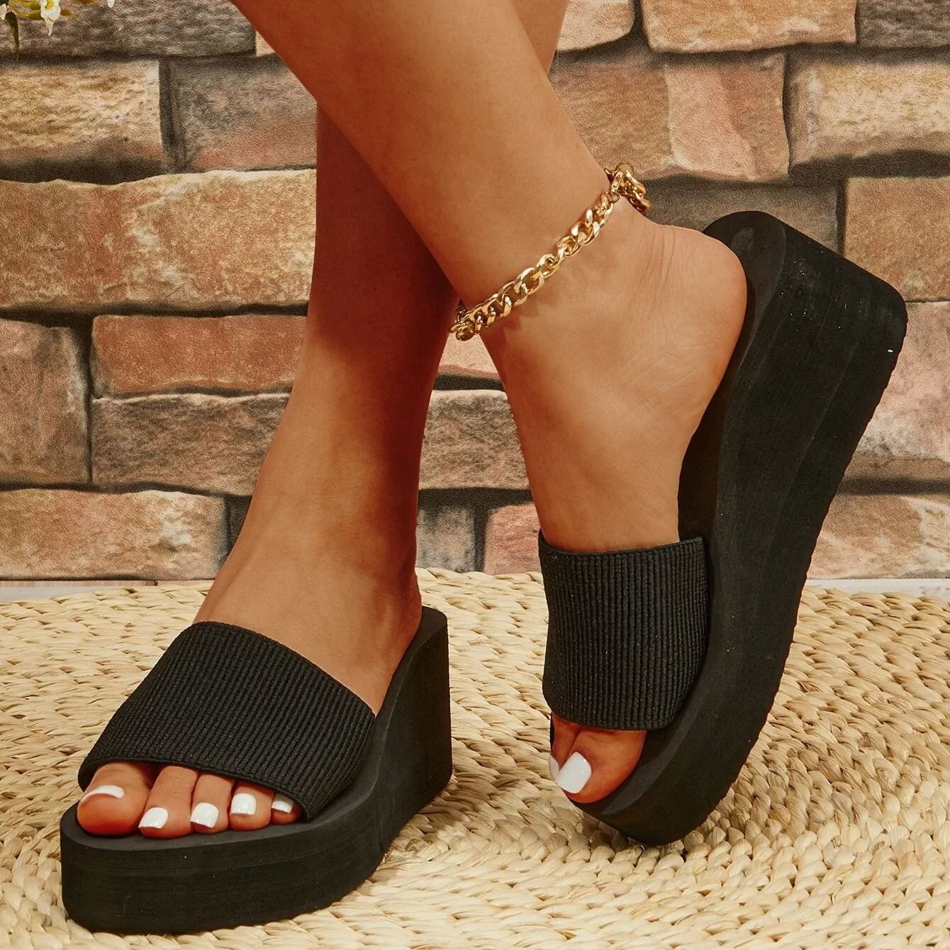 Elegant Black Polyester Wedge Slide Sandals-BETTERSHOES
