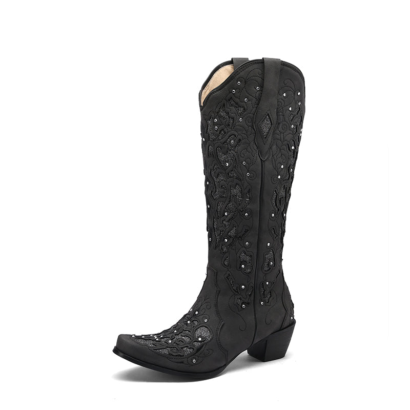 Carla Black Floral Cowboy Boots Knee High