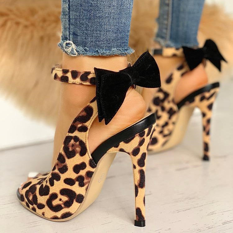 Ankle Strap Leopard Bow Thin Heels