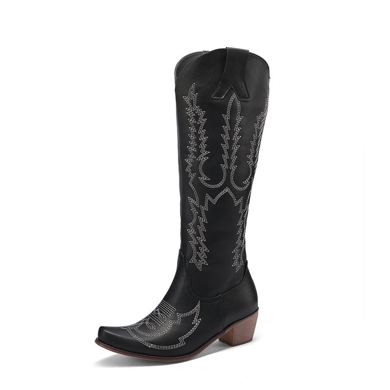 Knee High Embroidered Cowboy Boots Black