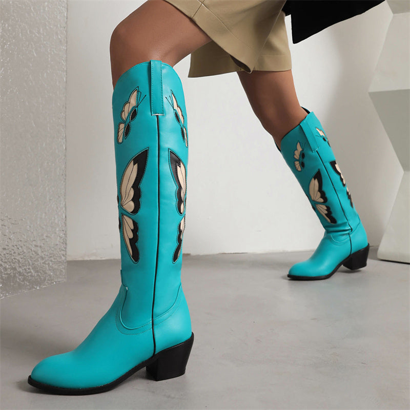 Butterfly Embroidered Cowboy Boots Blue