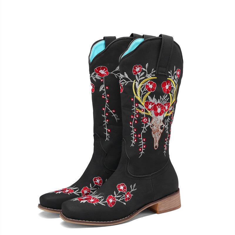 Black Embroidered Midcalf Cowboy Boots