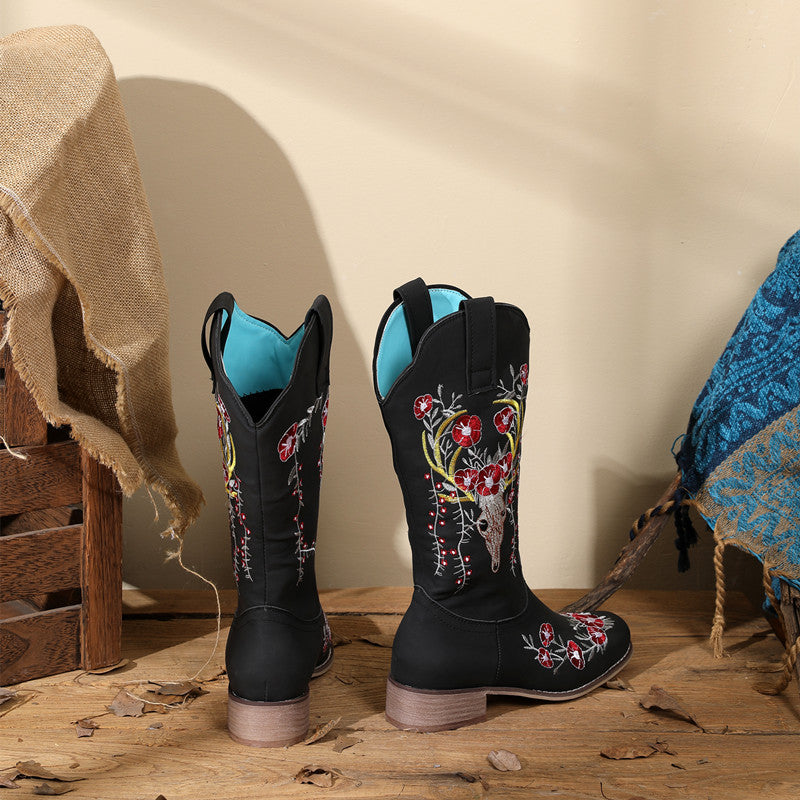 Black Embroidered Midcalf Cowboy Boots