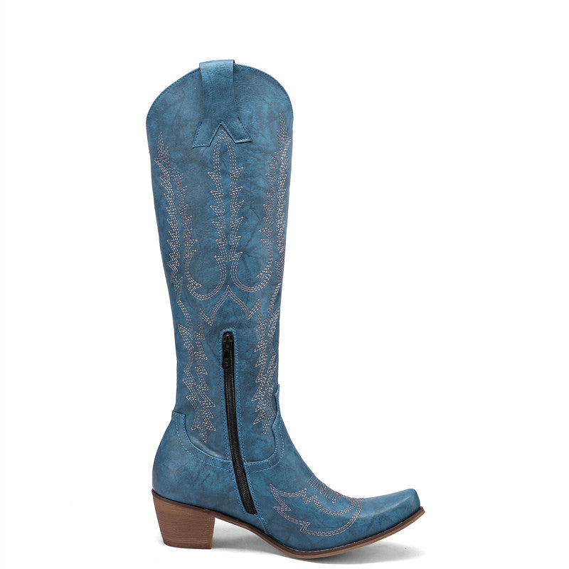 Knee High Embroidered Cowboy Boots Blue