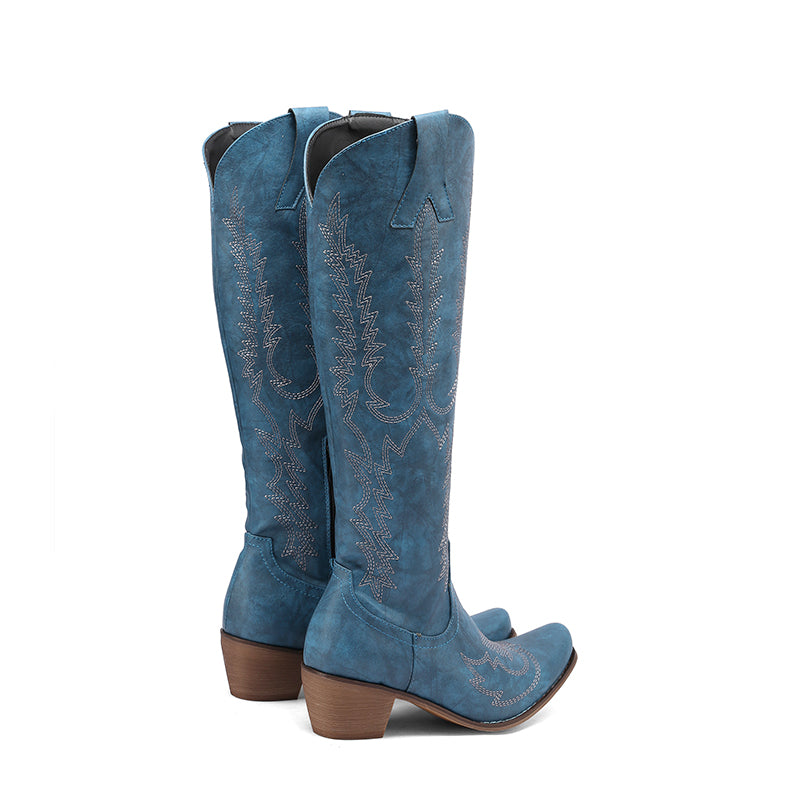 Knee High Embroidered Cowboy Boots Blue