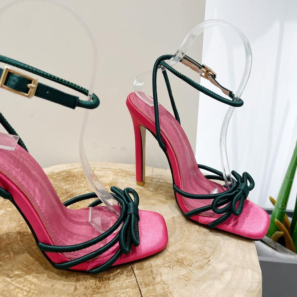 Bow High Heel Color Blocking Sandals