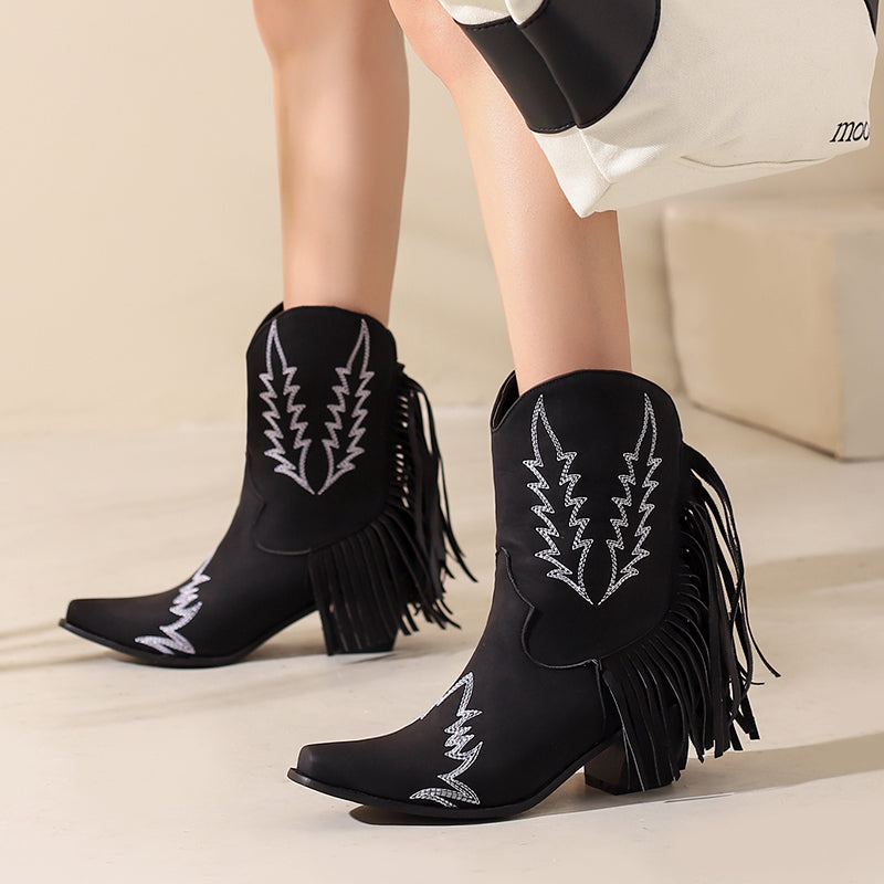 Black Pointed Toe Embroidered Tassel Cowboy Boots