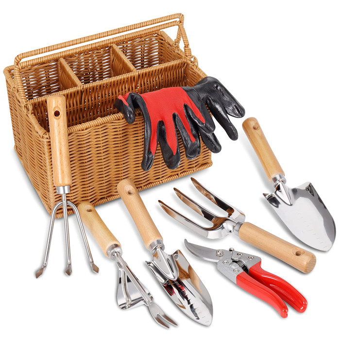 8 Piece Garden Tool Set with Basket, Stainless Steel Duty Gardening Hand Tools Kit with Wood Handle