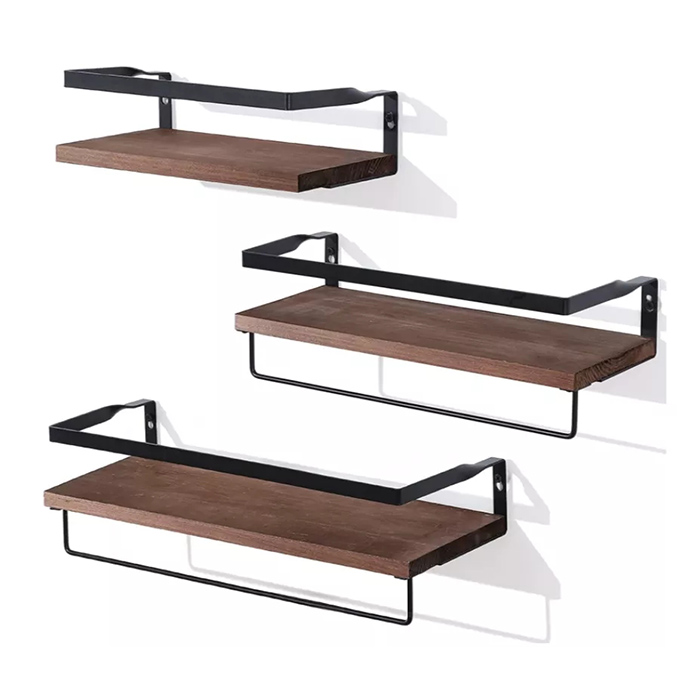 Pre-Installed Floating Shelves, Wall Mounted Storage Wood Shelf with Towel Rack, Set of 3  