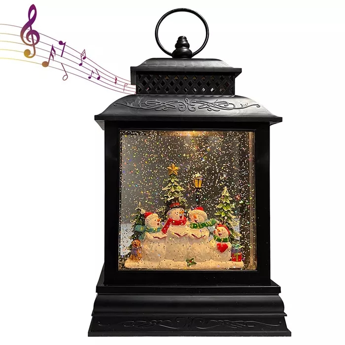 Lighted Christmas Snow Globe Lantern Four Snowman Family Singing Under Tree in Musical Decoration with Battery Operated LED 