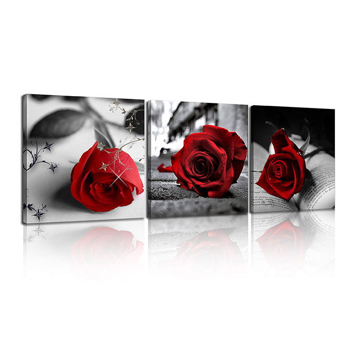 Canvas Print 3 Pcs Black and White Red Rose Canvas Art Painting for Home Decor Stretched