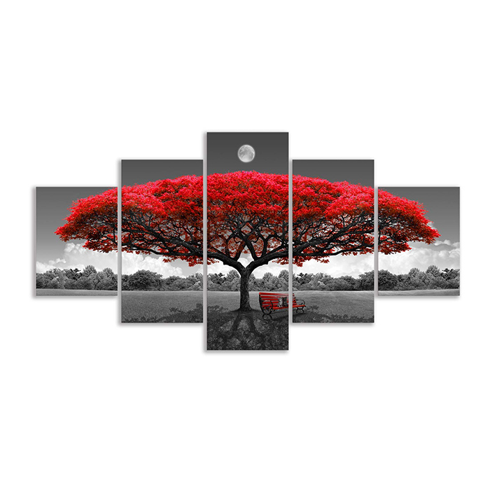 Canvas Wall Art Red Tree Wall Art with Moon Black and White Landscape Pictures 5 Pieces
