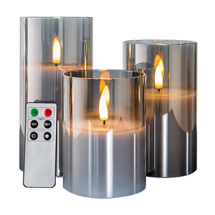 Gray Glass Flameless Candles with Remote, Flickering LED Battery Candles 3 Pack for Home Seasonal Decor Gifts, D 3" H 4" 5" 6"