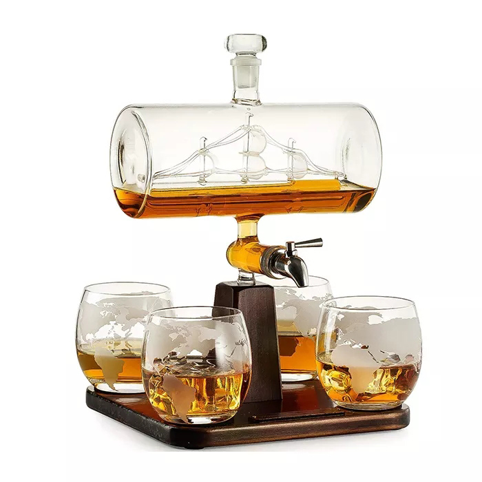 Whiskey Decanter with Antique Ship, The Wine Savant Ship Decanter Set with 4 Globe Glasses, Drink Dispenser for Wine