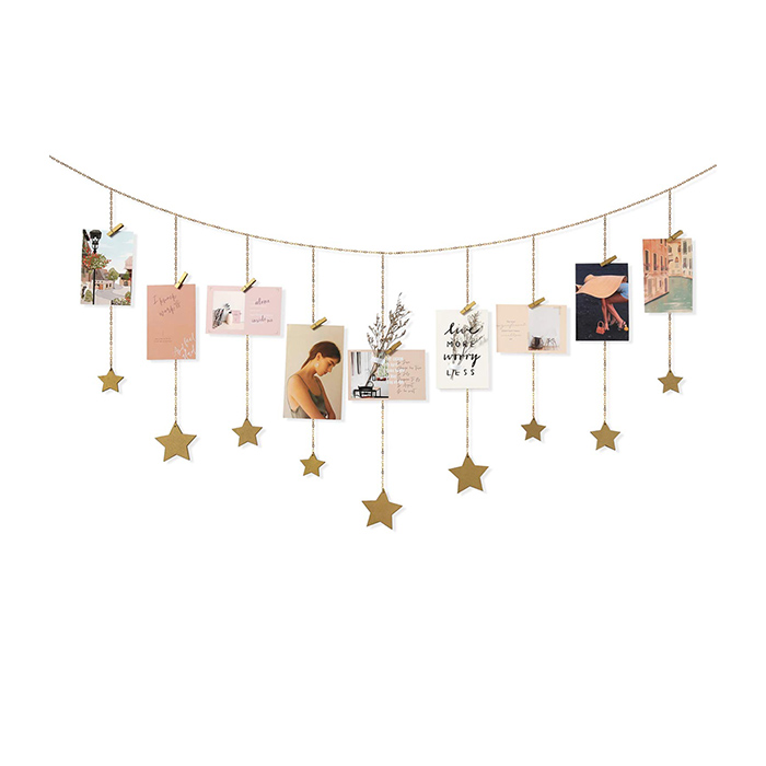 Hanging Photo Display Wooden Stars Garland with Metal Chains Picture Frame Collage with 25 Wood Clips Wall Art Decoration for Home Office Nursery Room Dorm, Gold