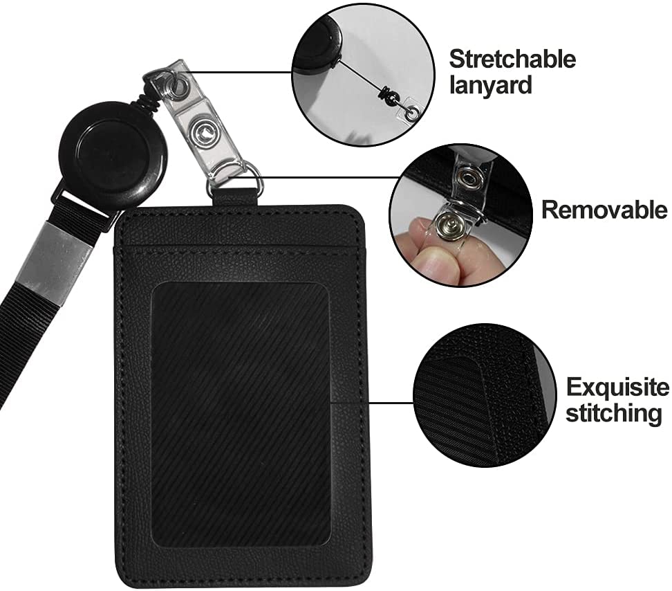 HYCOPROT ID Badge Holder with Lanyard Heavy Duty Retractable PU Leather Vertical Horizontal ID Card Holders with 1 Clear ID Window & 1 Credit Card Slot for Office School (Vertical, Black)