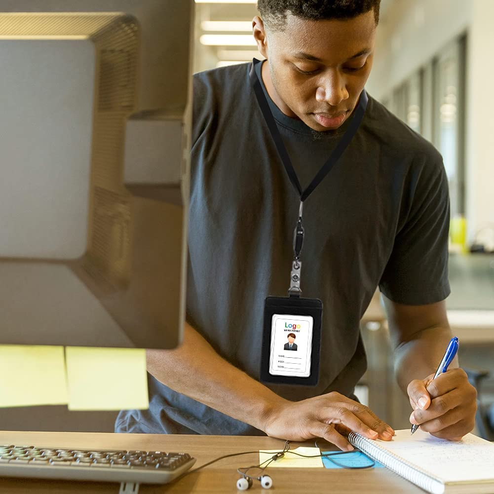 HYCOPROT ID Badge Holder with Lanyard Heavy Duty Retractable PU Leather Vertical Horizontal ID Card Holders with 1 Clear ID Window & 1 Credit Card Slot for Office School (Vertical, Black)