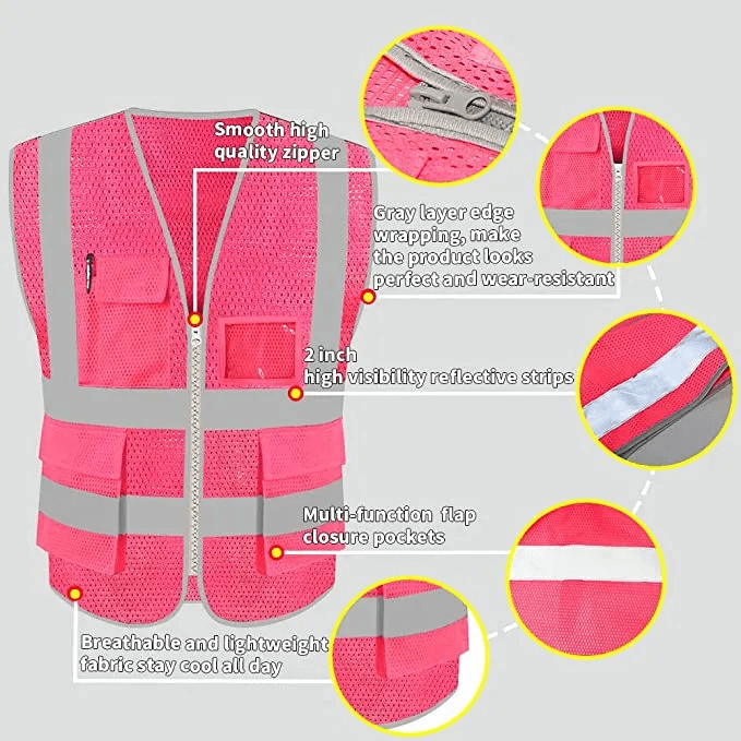 Pink Safety Vest with Pockets and Zipper for Women