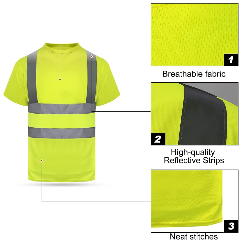 HYCOPROT High Vis Reflective T Shirt Short Sleeve Safety Mesh Quick Dry Shirts (Medium, Yellow-1)