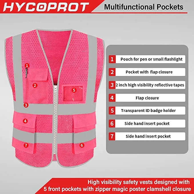 Pink Safety Vest with Pockets and Zipper for Women
