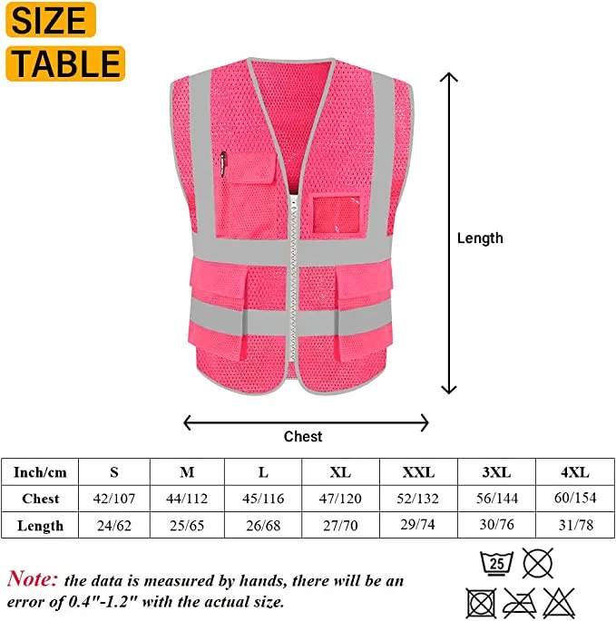 Pink Safety Vest with Pockets and Zipper for Women