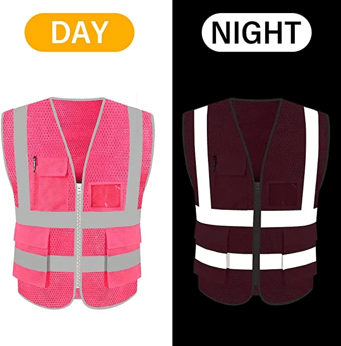 Pink Safety Vest with Pockets and Zipper for Women