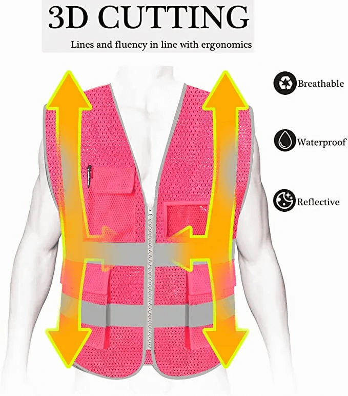 Pink Safety Vest with Pockets and Zipper for Women