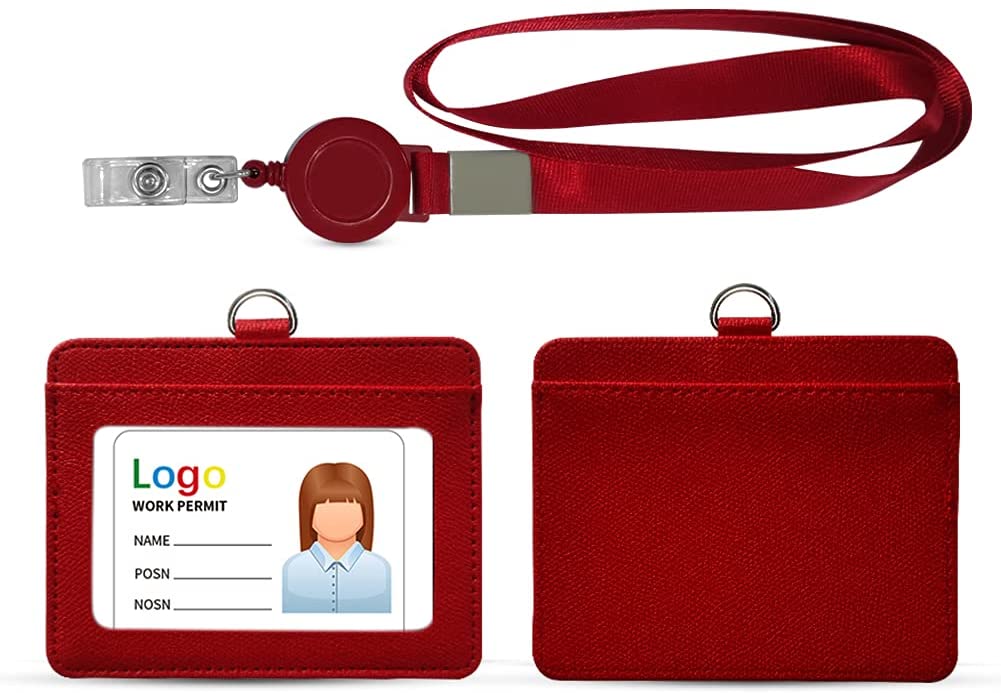 ID Badge Holder with Lanyard Heavy Duty Retractable PU Leather Vertical Horizontal ID Card Holders with 1 Clear ID Window & 1 Credit Card Slot for Office School (Vertical, Black)