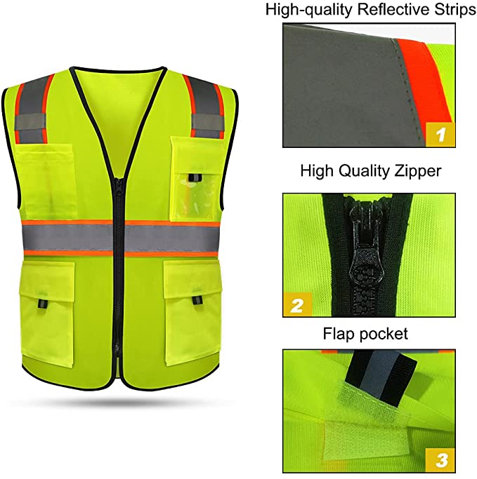 Construction Work Vest with Pockets and Zipper Meets ANSI/ISEA