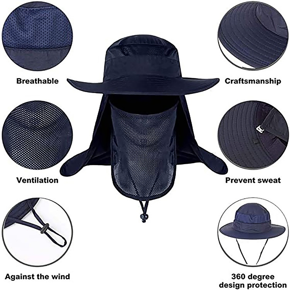 Fishing Cap UV Sun Protection Hat With Wide Brim Removable Flap and Face Neck Full Coverage