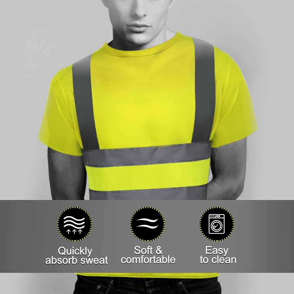 HYCOPROT High Vis Reflective T Shirt Short Sleeve Safety Mesh Quick Dry Shirts (Medium, Yellow-1)